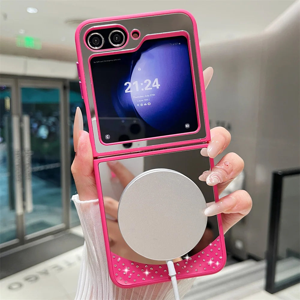 For Magsafe Glitter Diamond Magnetic Case For Samsung Z Flip 6 5 flip 4 3 flip6 zflip6 5G Wireless Charging Make Up Mirror Cover