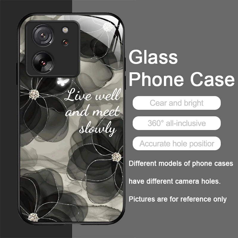 Tempered Glass Phone Case for Motorola Moto G85 G84 G75 G55 G24 Edge 50 Fusion 40 Neo 30 Pro Luxury Black Rose Flower Hard Cover