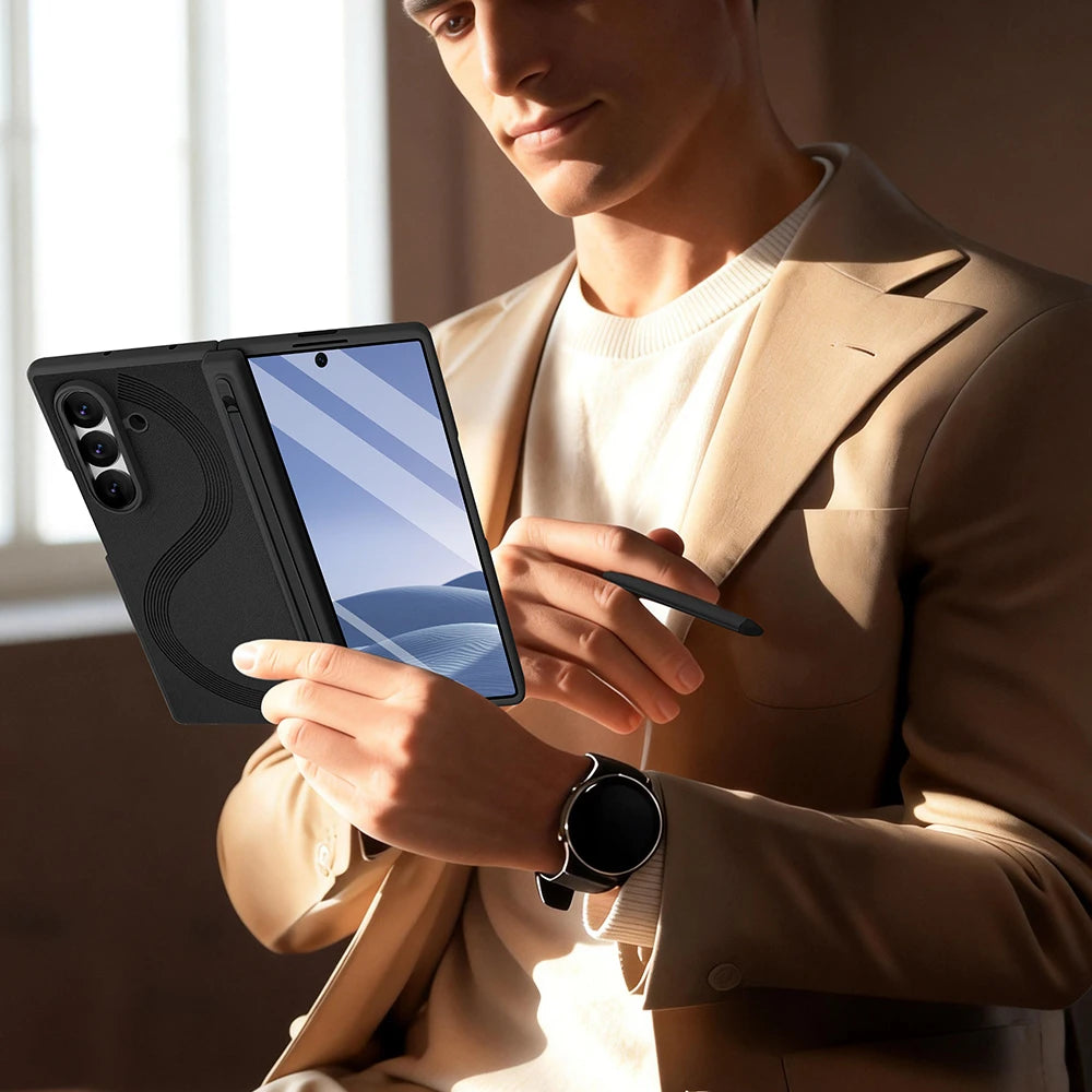 PU Leather Glass Film Pen Slot with Pen Phone Case for Samsung Galaxy Z Fold 7 6 Fold6 Fold7 Hinge Protection Cover