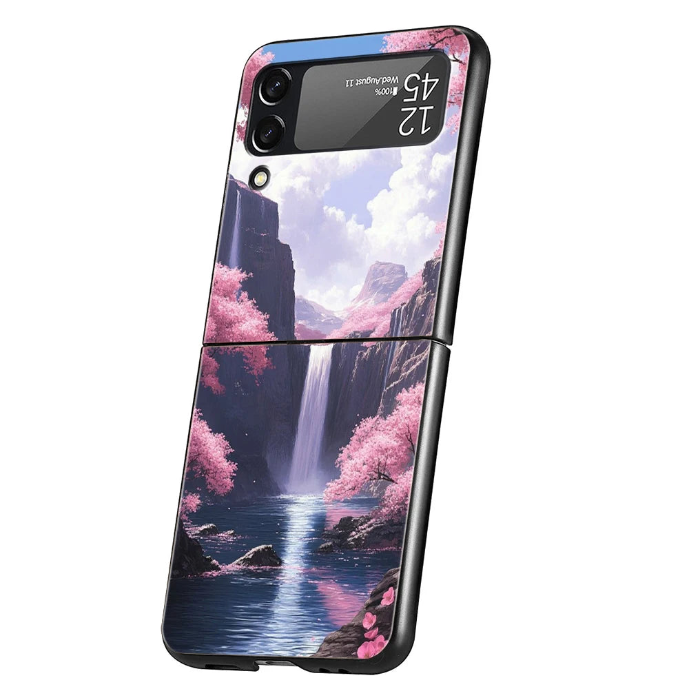 Hard PC Phone Case For Samsung Galaxy Z Flip 7 6 5 4 Black Cover For Galaxy Z Flip 3 Foldable Shockproof Pink Sunset Mountain