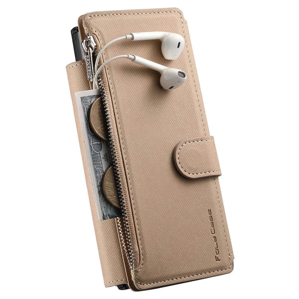 2 in 1 Detachable Magnetic Phone Case for Samsung Galaxy Z Fold 7 6 5 4 Fold7 Fold6 Ring Zipper Wallet Leather Protective Cover