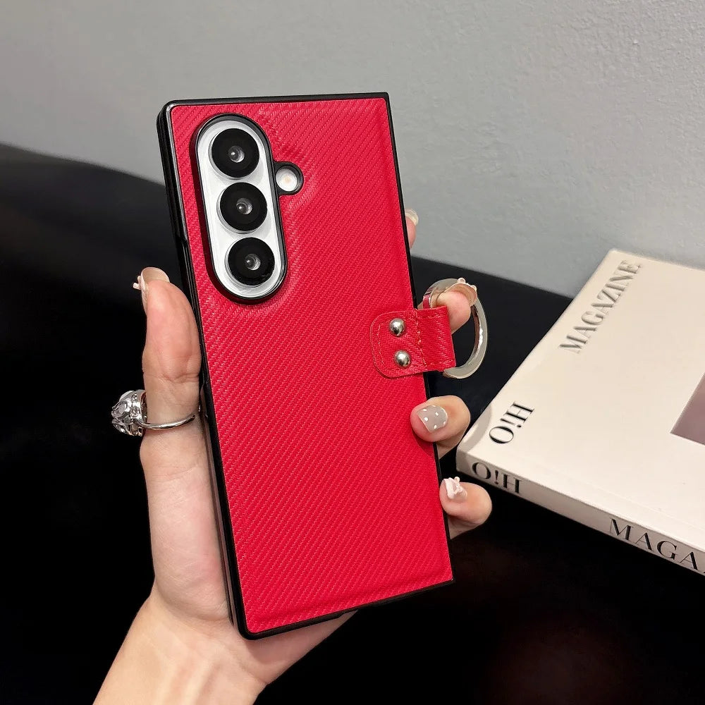 Luxury PU Leather Ring Bracket Phone Case For Samsung Galaxy Z Fold 7 6 5 4 3 Solid Color Shockproof Protection Folding Cover