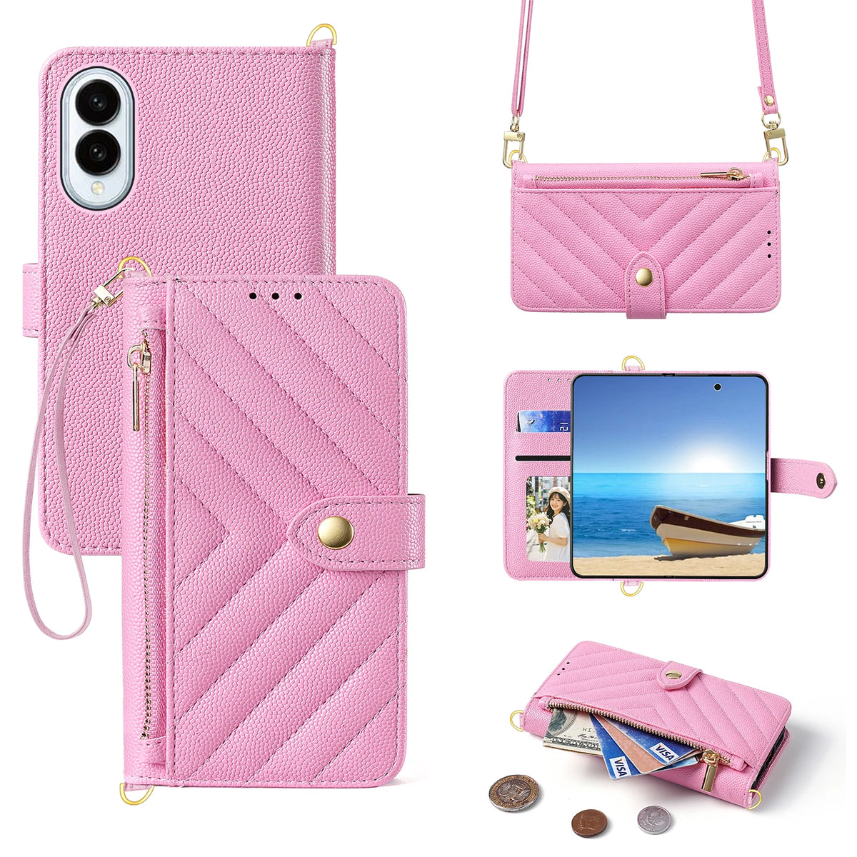 Crossbody Long Lanyard Zipper Cards Solt Wallet Leather Case for Samsung Galaxy Z Fold8 Fold 8 Wide Shockproof Book Stand Cover