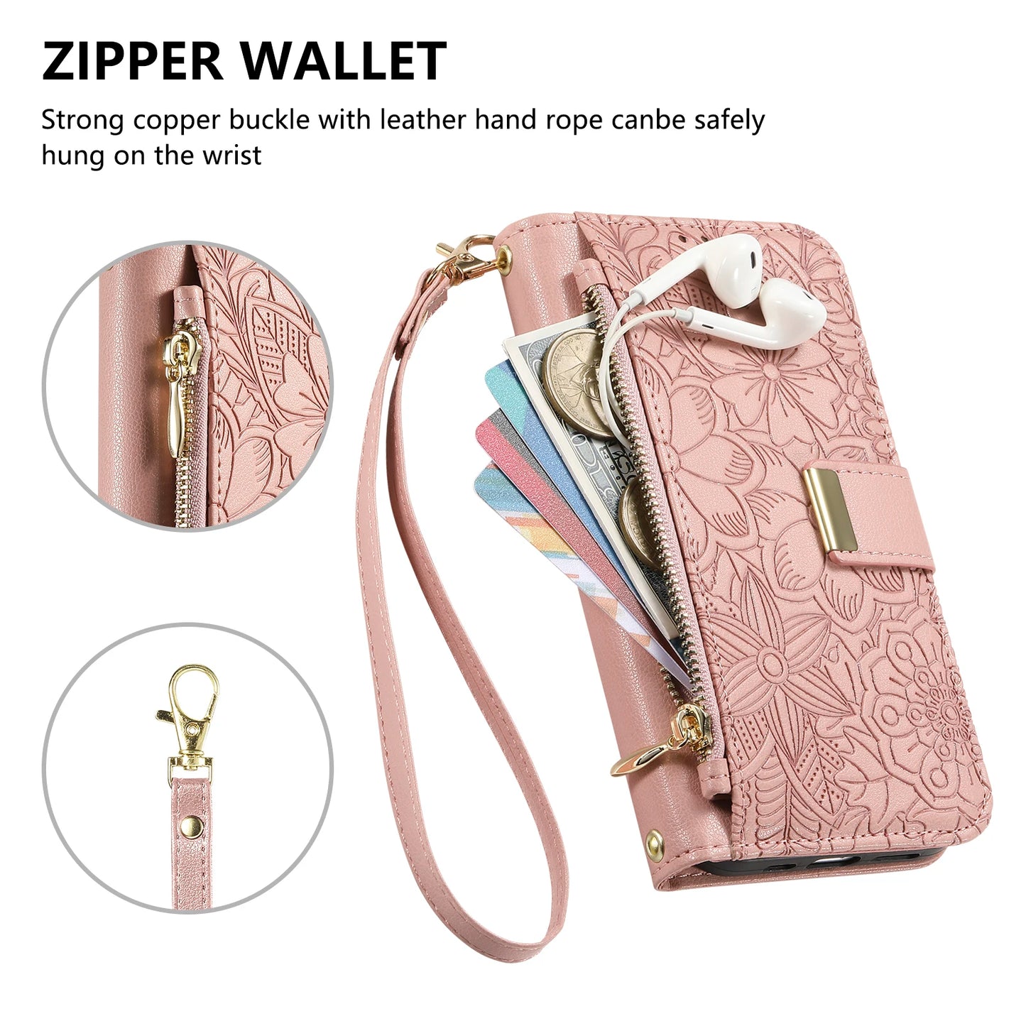 Zipper Wallet Flip Case For Google Pixel 10 Pro XL 9 9A 8 8A 7 7A 6 6A Card Holder Wrist Strap Phone Back Cover