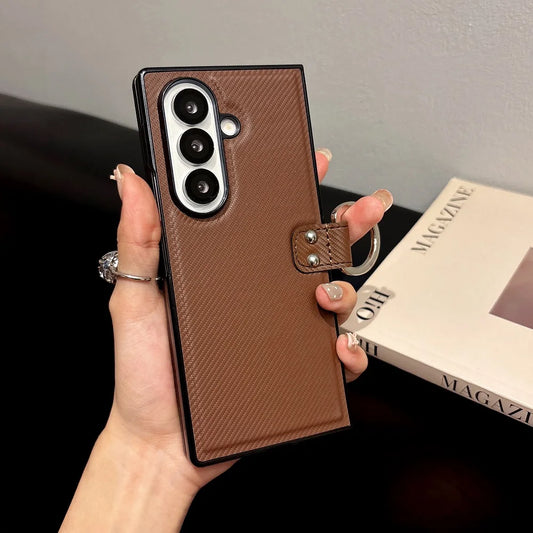 Luxury PU Leather Ring Bracket Phone Case For Samsung Galaxy Z Fold 7 6 5 4 3 Solid Color Shockproof Protection Folding Cover