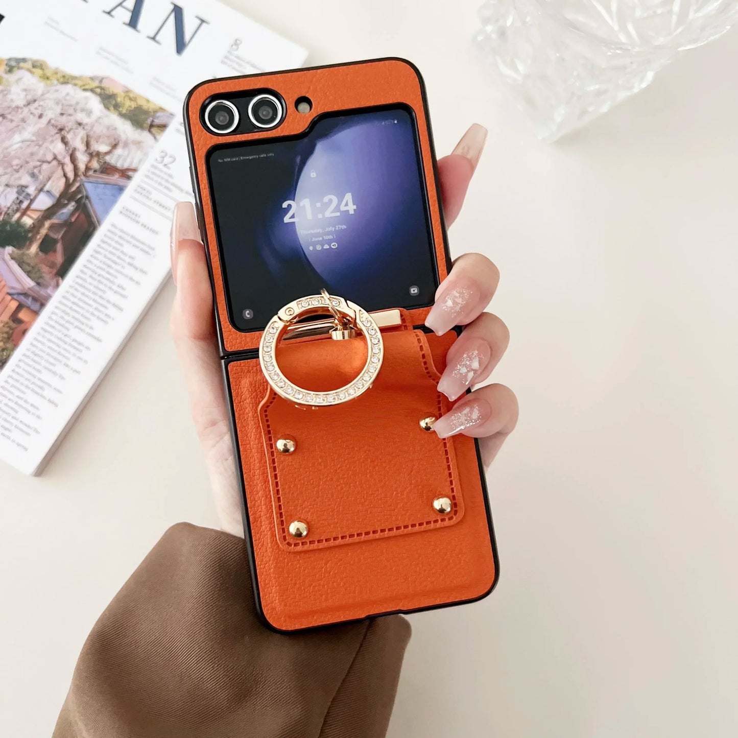 Fashion Leather Ring Holder Phone Case For Samsung Galaxy Z Flip 7 6 5 4 3 Zflip7 5G Folding Hinge Protection Shockproof Cover