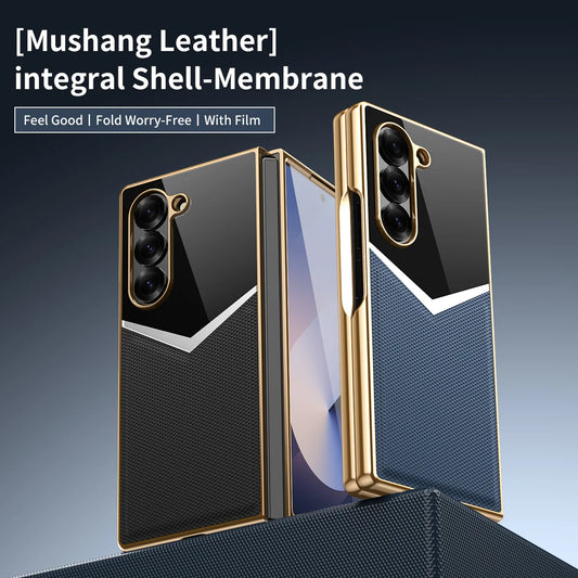 For Samsung Galaxy Z Fold 7 6 5 4 3 Electroplated PC Color Blocked Leather Tempered Film Shockproof Folding Phone Case