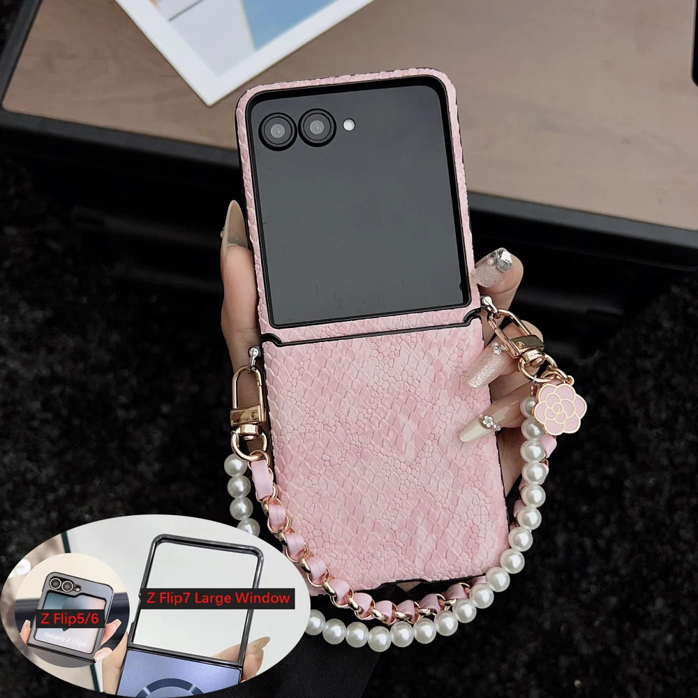 Luxury Snake Texture PU Leather Case For Samsung Galaxy Z Flip7 Flip 7 6 5 4 Zflip6 Case Pearl Flower Bracelet Strap Back Cover