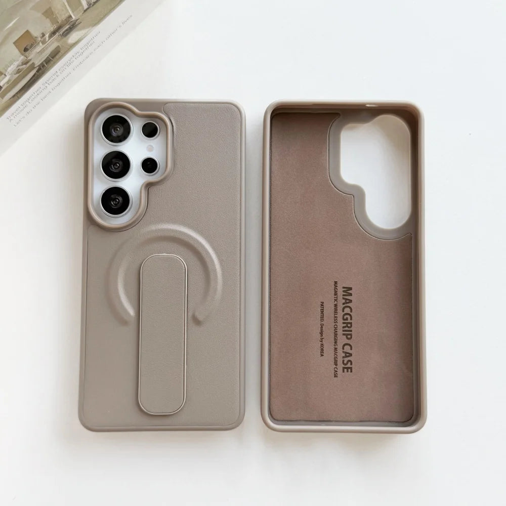 PU Leather Ring Adjustable Bracket Magnetic Case For Samsung Galaxy S26 S25 S24 Ultra Plus S26+ S26 for Magsafe Shockproof Cover