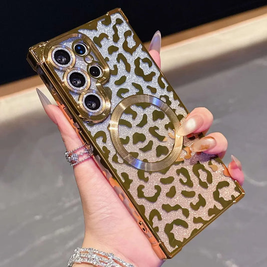 Luxury Leopard Pattern Magnetic Case For Samsung S26 Ultra S26 Plus Gradient Glitter Cover For Galaxy S25 Ultra Plating Case
