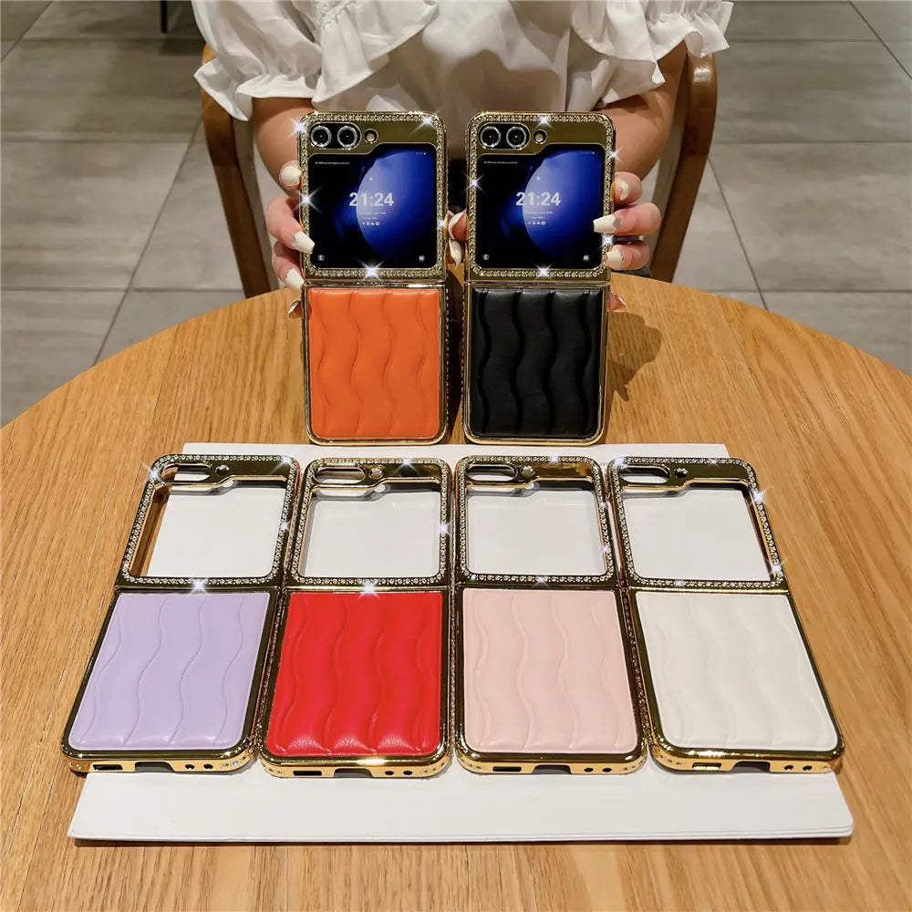 Luxury Bling Diamond Leather Plating Case For Samsung Galaxy Z Flip 6 Flip 5 Flip 3 4 Shockproof Cover Funda