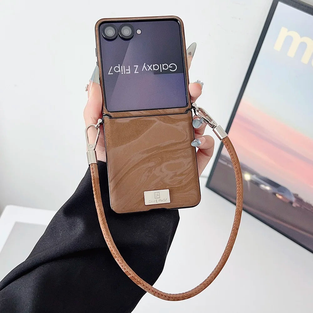 Luxury Water Ripple PU Leather Phone Case For Samsung Galaxy Z Flip 7 6 5 4 3 Flip7 FE Protection Folding Cover with Lanyard