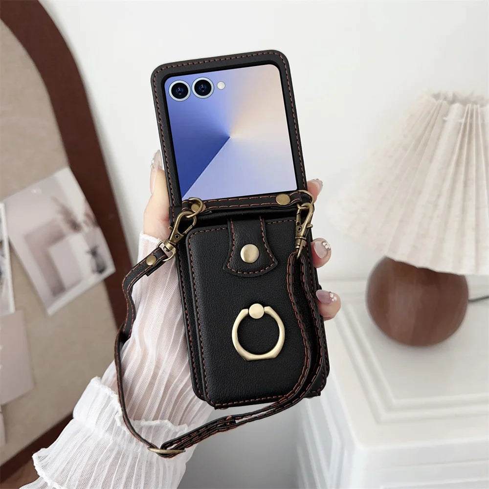 Ring Card Holder Leather Wallet Phone Case for Samsung Galaxy Z Flip 7 6 5 4 3 Flip7 FE Finger Crossbody Protective Cover