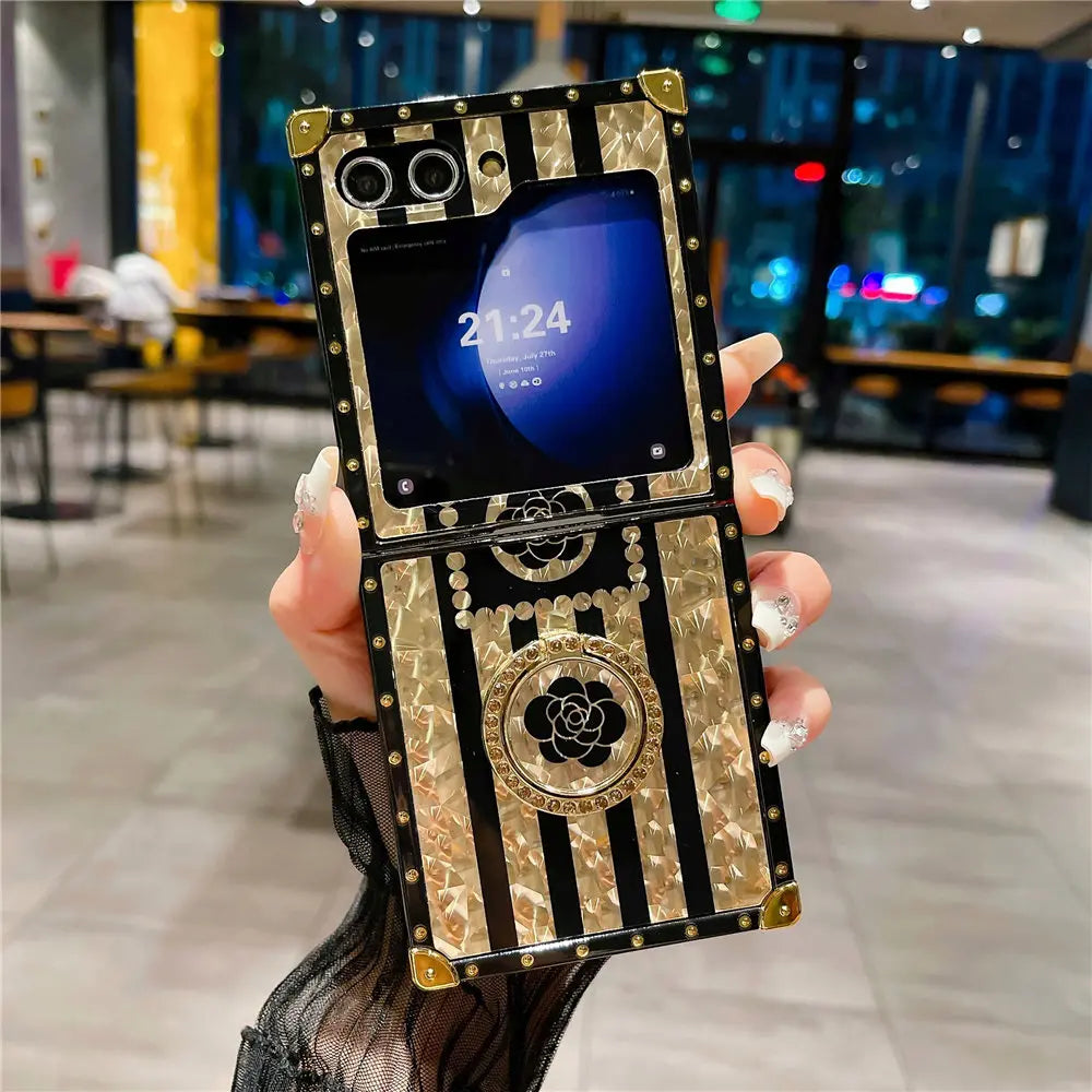 Luxury Gold Plating Flower Case For Samsung Galaxy Z Flip 6 Ring Holder Bracket Cover For Galaxy Z Flip 6