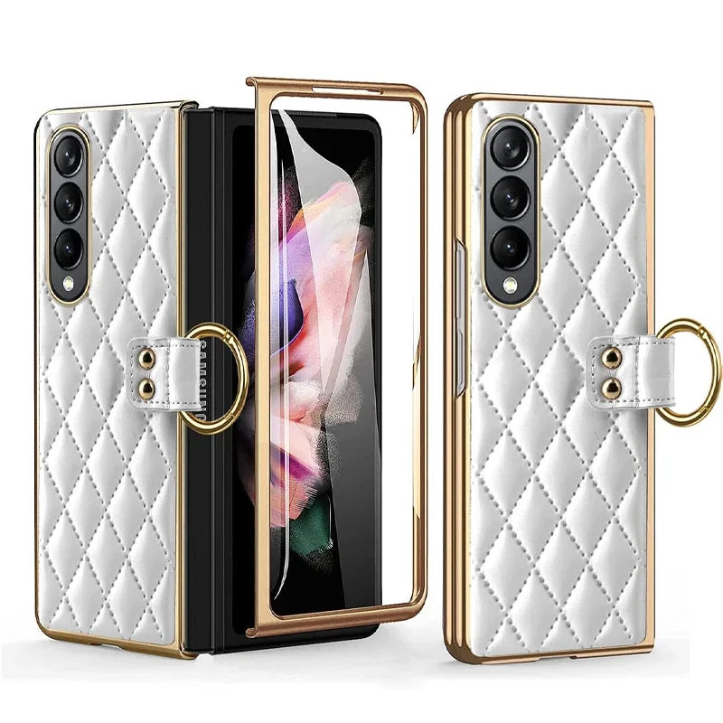 Leather Case with Ring Screen Protector for Samsung Galaxy Z, Fold 5, 6, 7 Z Fold 3, 4, Luxury Phone Case, Plating, Woman, Girl