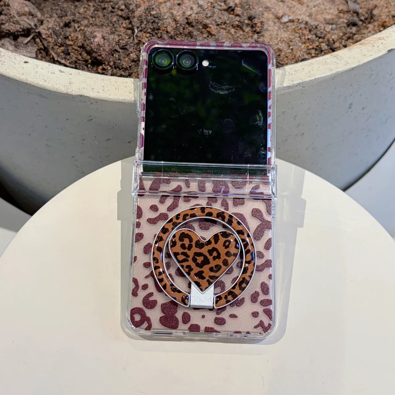 Transparent Leopard Pattern Stand Holder With Bracelet Phone Case For Samsung Z Flip 5 6 7 8 FE Shockproof Protective Cover