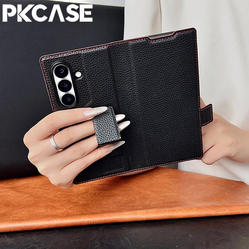 PKCASE Leather Magnetic Clasp Card Slot Wallet Phone Case For Samsung Galaxy Z Fold 7 6 5 4 3 Shockpoof Wristband Bracket Cover