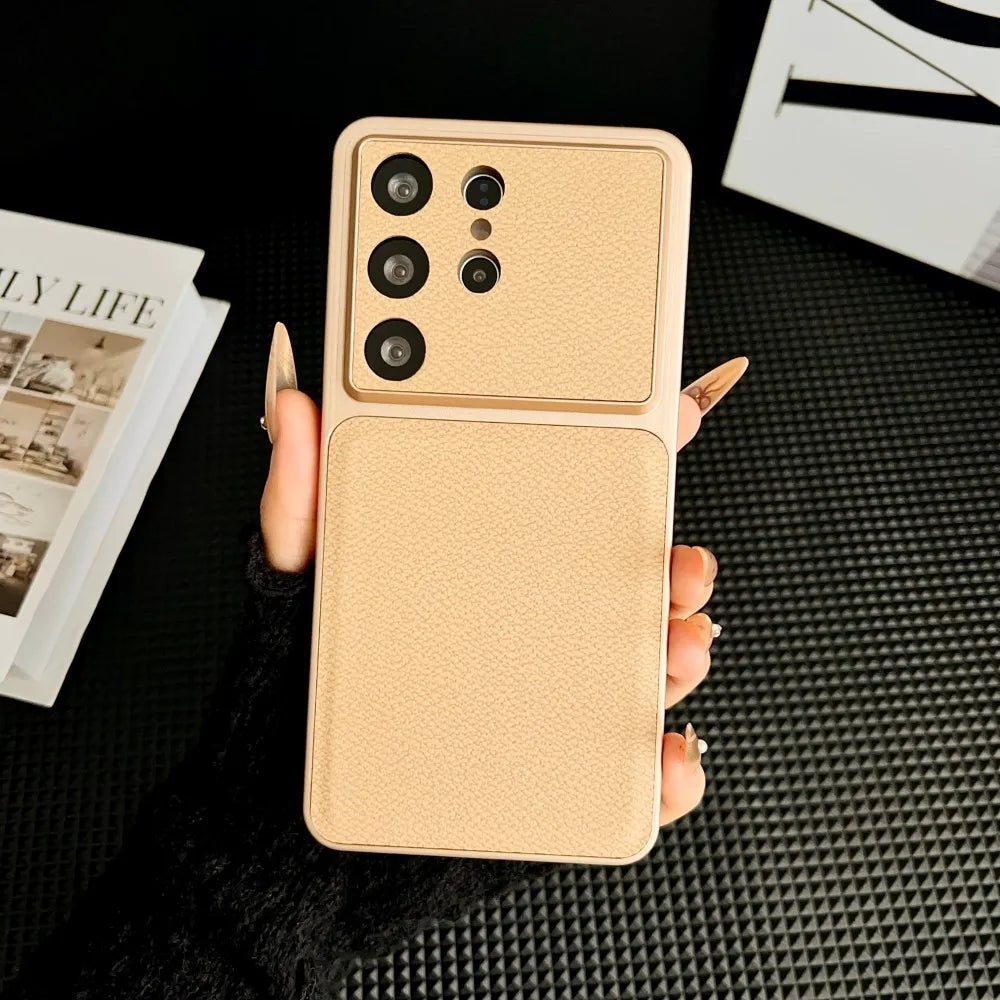 Light luxury Leather Thin Phone Case For Samsung Galaxy S26 Ultra S25 Plus S24 FE Large Window Camera Protection Matte Cover