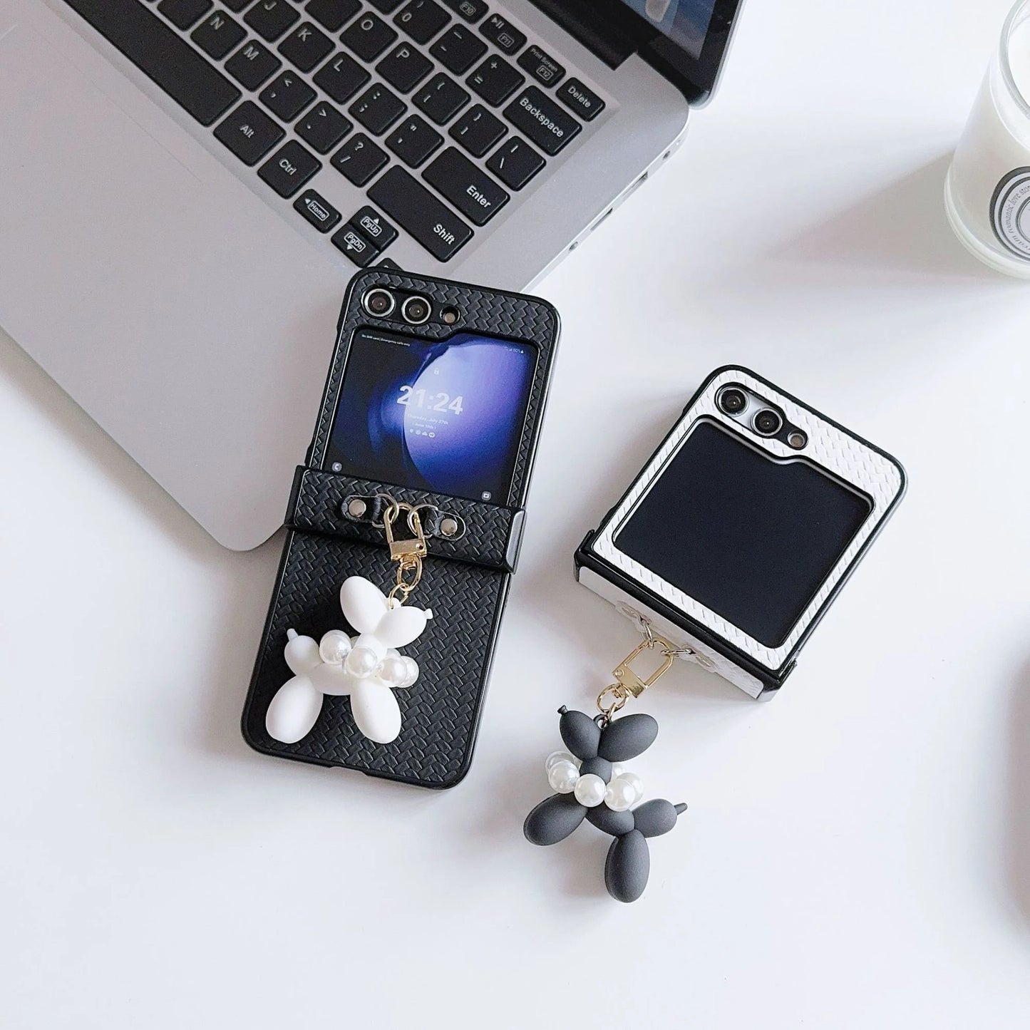 Samsung Woven Folding Phone Case with Dog Pendant Korean Style Folding Phone Accessories for Galaxy Z Flip 3 4 5 6