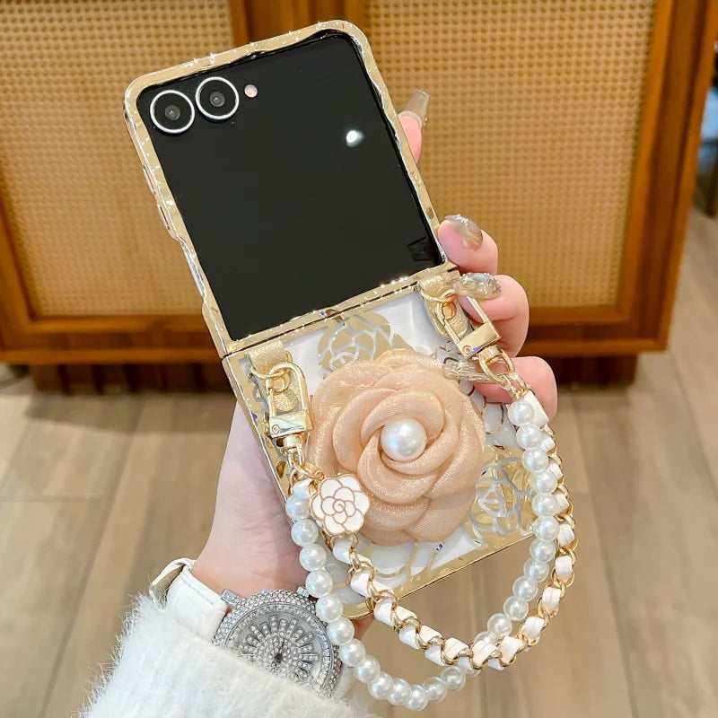 Water Waves Plated Rose Flower Texture Casing For Samsung Galaxy Z Flip 8 Case Flip7 With Pearls Bracelet Mobile Phone Cover