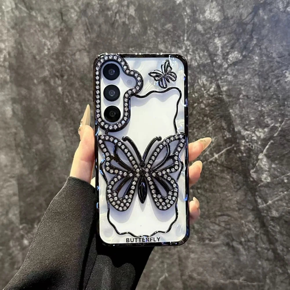 Bright Diamond Butterfly Case For Samsung Galaxy S25 S24 S23 S22 Plus Ultra A16 A26 A36 A56 A07 A17 A06 A55 A05S Clear Cover