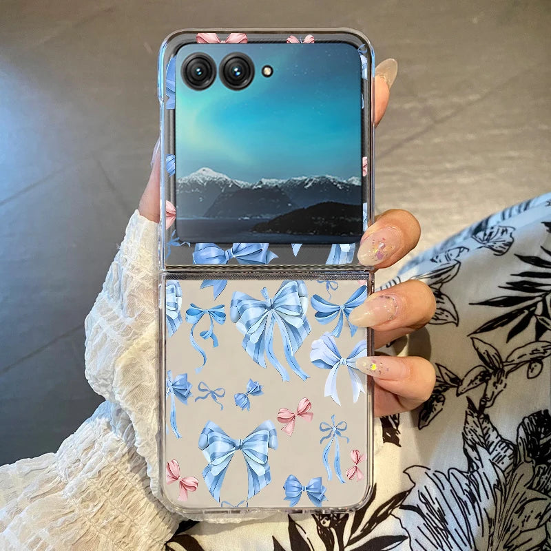Flowers Bowknot Clear Phone Case For Motorola Razr 50 40 Ultra Razr40 Razr50 Shockproof Bumper Transparent Folding Hard PC Cover