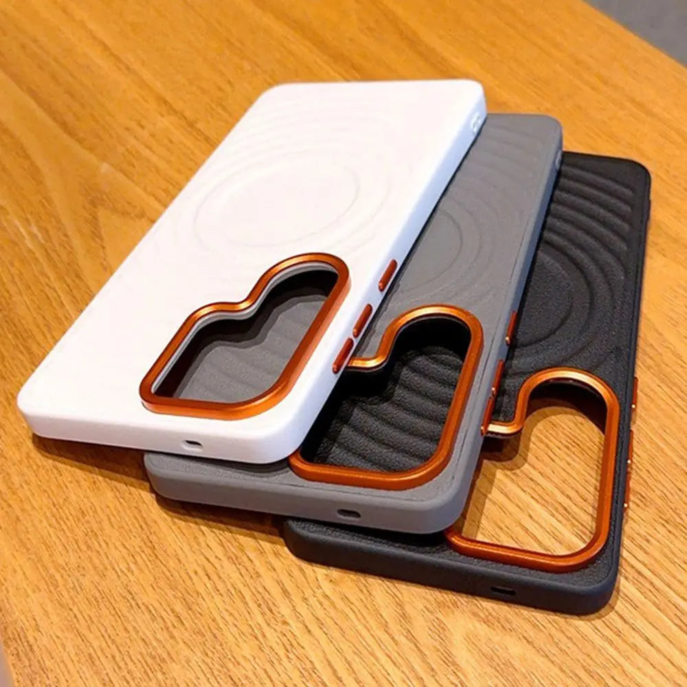 Luxury Water Ripple Leather Pattern for Magnetic Case for Samsung Galaxy S26 Ultra S25 Edge S24 Ultra Orange Lens Frame Cover
