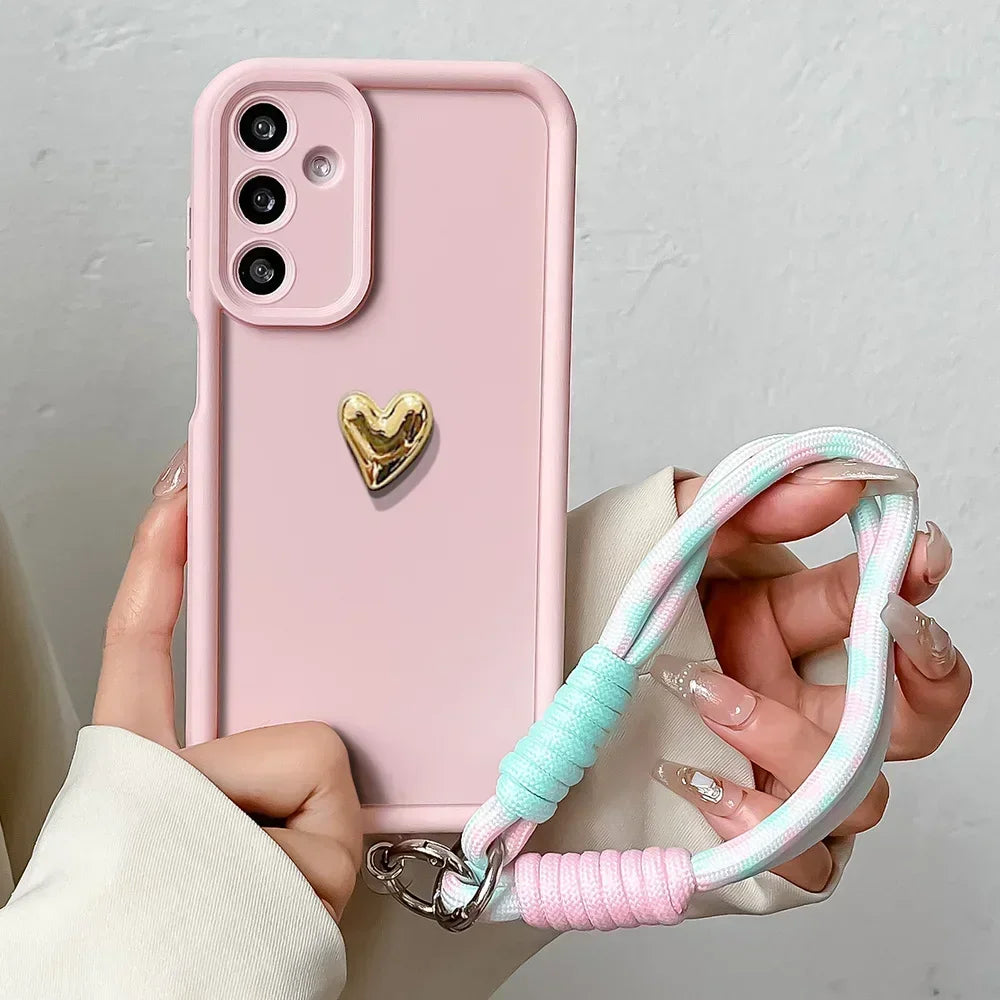 3D Gold Love Heart Lanyard Case for Samsung S25 Plus Ultra S24 FE A16 06 26 36 56 M13 M35 M55 M32 Wrist Chain Strap Phone Cover