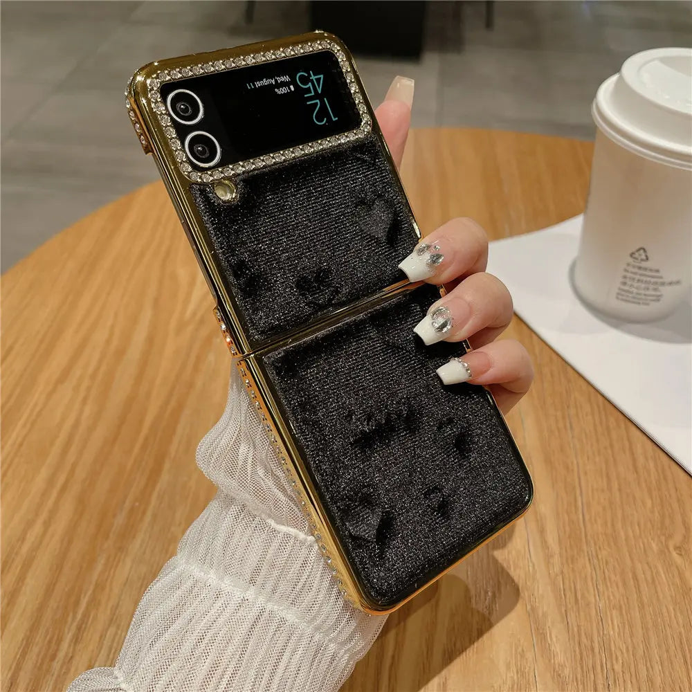 Luxury Bling Diamond Leather Plating Case For Samsung Galaxy Z Flip 6 Flip 5 Flip 3 4 Shockproof Cover Funda