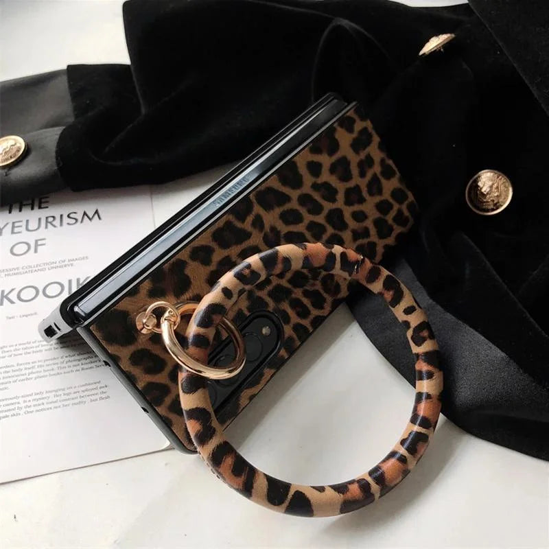 For Samsung Galaxy Z Fold 6 5 4 3 2 5G Fold5 Portable Bangle Big Hand Ring Cover Leopard PU Leather Hard Case Cover