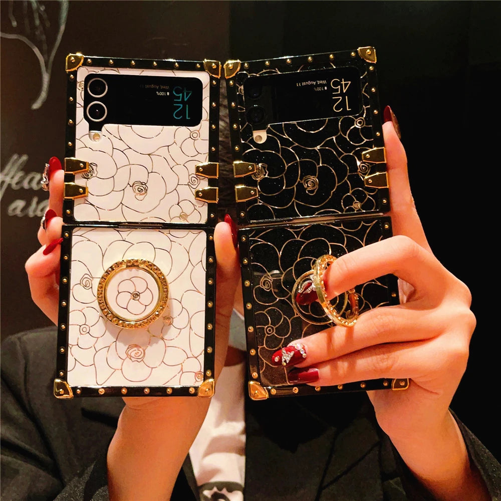 Luxury Shockproof Cover Retro Glitter Gold Line Rose Flower Phone Case for Samsung Galaxy Z Flip 7 Flip 6 Z Flip 5 Flip 4 Flip 3