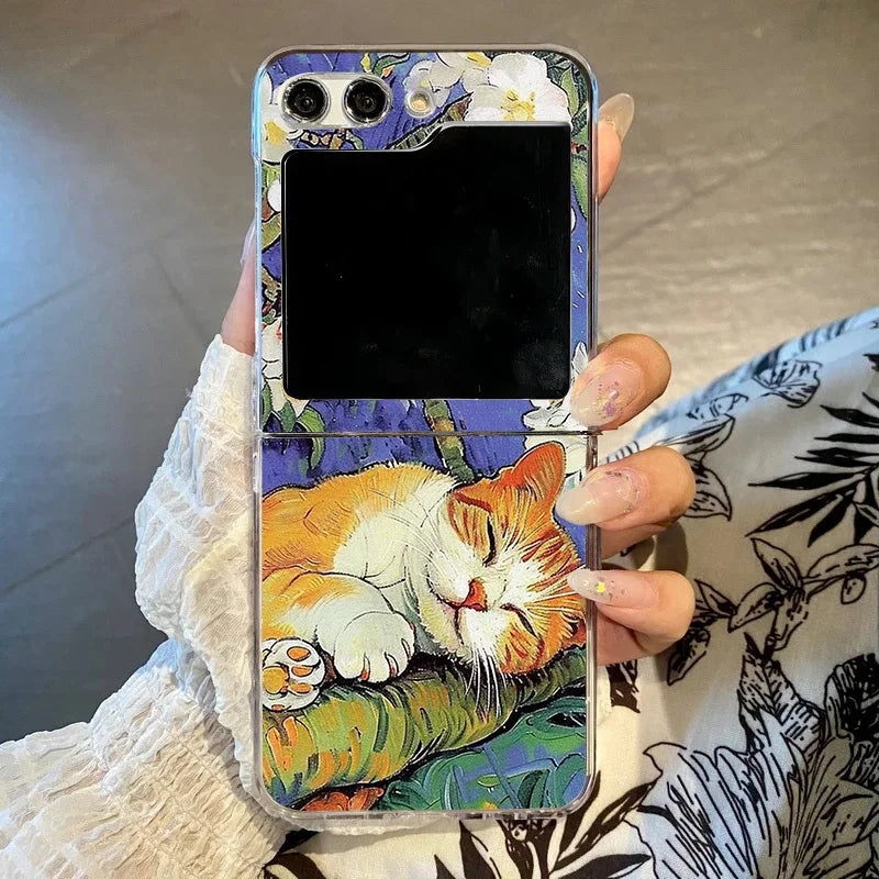 Art Van Gogh Sunflower Cat Oil Painting Phone Case For Samsung Galaxy Z Flip 6 5 7 3 4 Clear Hard PC Folding Cover For Z Flip 5
