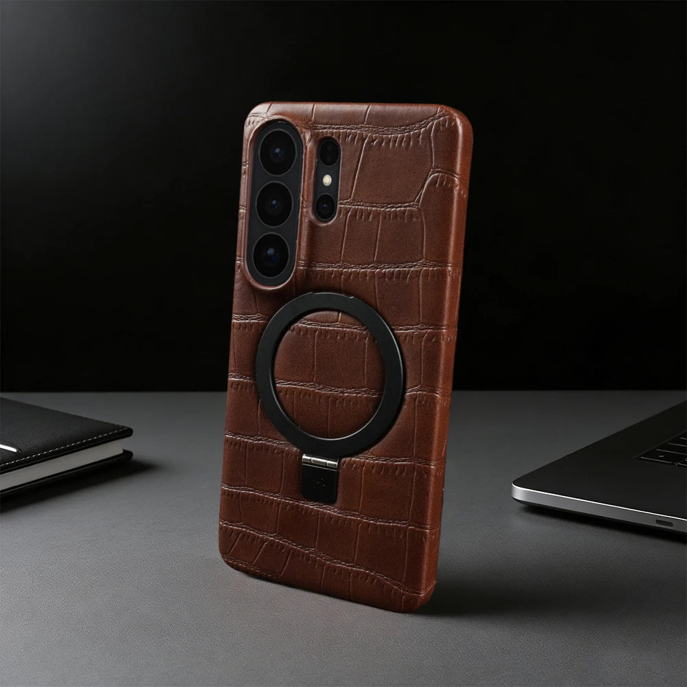 Magnetic Case For Samsung Galaxy S26 Ultra S25 Plus S24 FE S23 S22 S21 S20 Phone Case Back Cover Bracket Ring Crocodile Leather