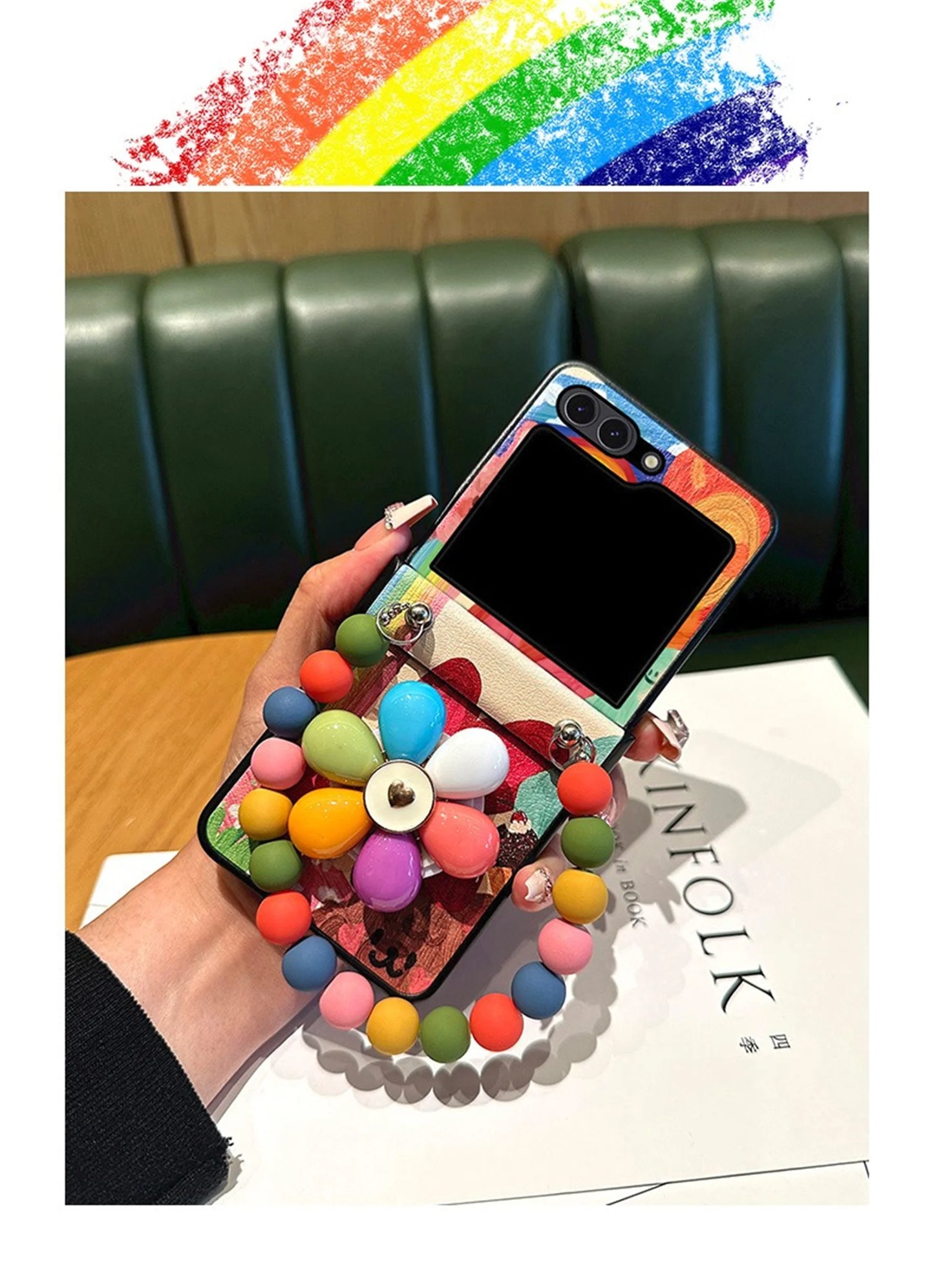Korean Kawaii Heart Bear Color Flower Bracket Beads Bracelet Case for Samsung Galaxy Z Flip7 flip7 Zflip6 5 Razr 60 Ultra Cover
