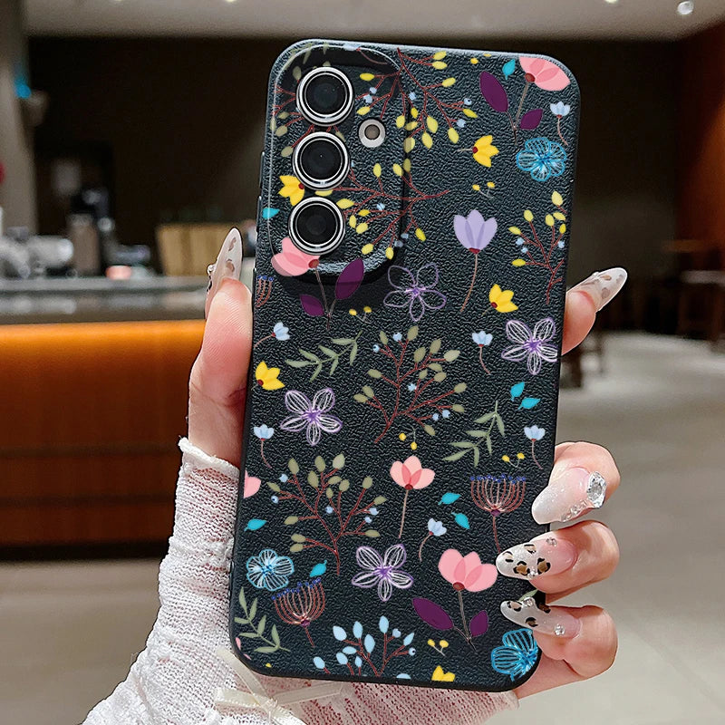 Floral Flowers Leather Texture TPU Case For Samsung Galaxy S24 FE S25 S23 S22 Ultra A16 A55 A15 A54 A35 A25 A56 5G Phone Cover
