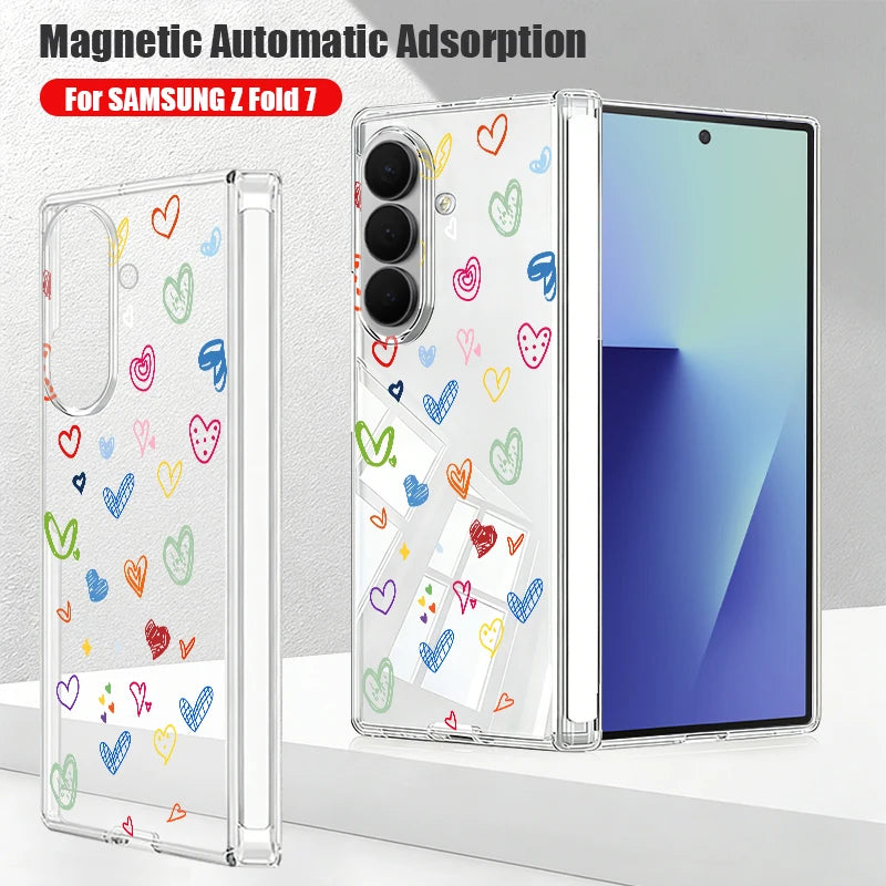 Magnetic Adsorption Clear Phone Case For Samsung Galaxy Z Fold 7 6 5 Fold7 Fold6 Fold5 5G Colorful Love Heart Pattern Hard Cover