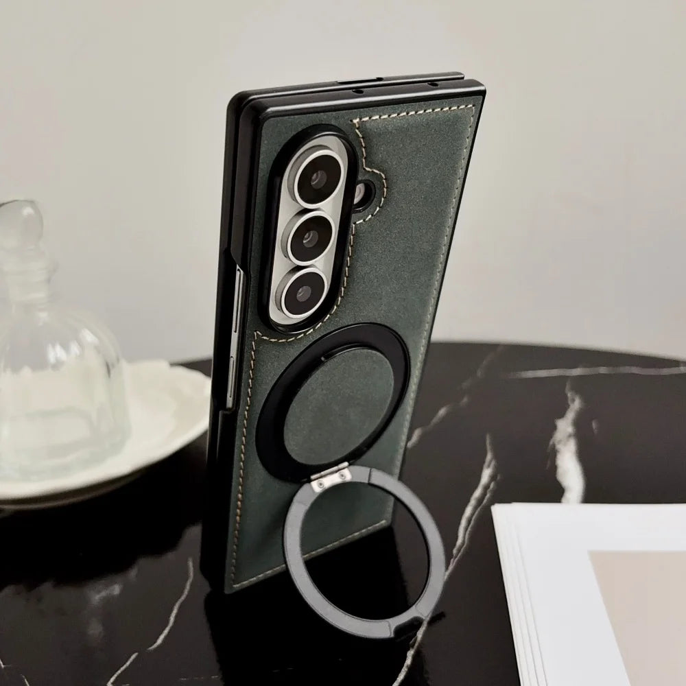 Luxury Matte Sheepskin For Magsafe Phone Case For Samsung ZFold 8 7 6 5 4 3 ZFold8 Wide ZFold7 360° Rotating Stand  Back Cover