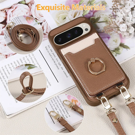 Crossbody Strap Lanyard Wallet Case with Card Slots Ring Holder Kickstand For Google Pixel 9a 8 9 Pro XL 8a 7a PU Leather Cover