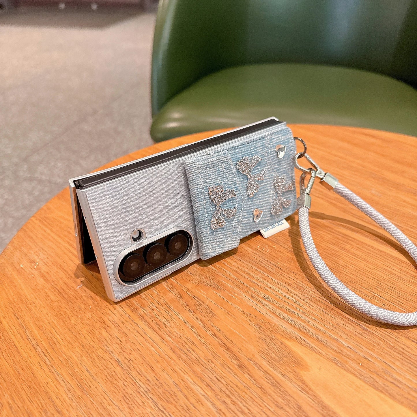 Diamond Bow Wrist Chain Case for Samsung Galaxy Z Fold 7 Fold 6 5 4 3 Simple Denim Card Holder Shockproof Bracket Back Cover