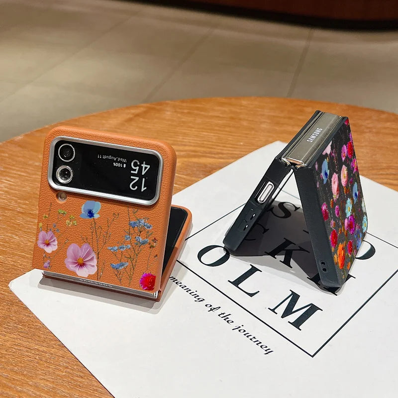 For Samsung Galaxy Z Flip 7 6 5 4 3 5G Luxury Leather Phone Case Retro Flowers Soft TPU Folding Cover For Samsung Z Flip5 Flip3