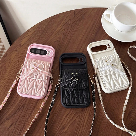 Crossbody Lanyard Card Holder Wallet Quilted PU Leather Phone Case with Ribbon Bow For Google Pixel 10 Pro XL 9 8 7 9a 8a 7a