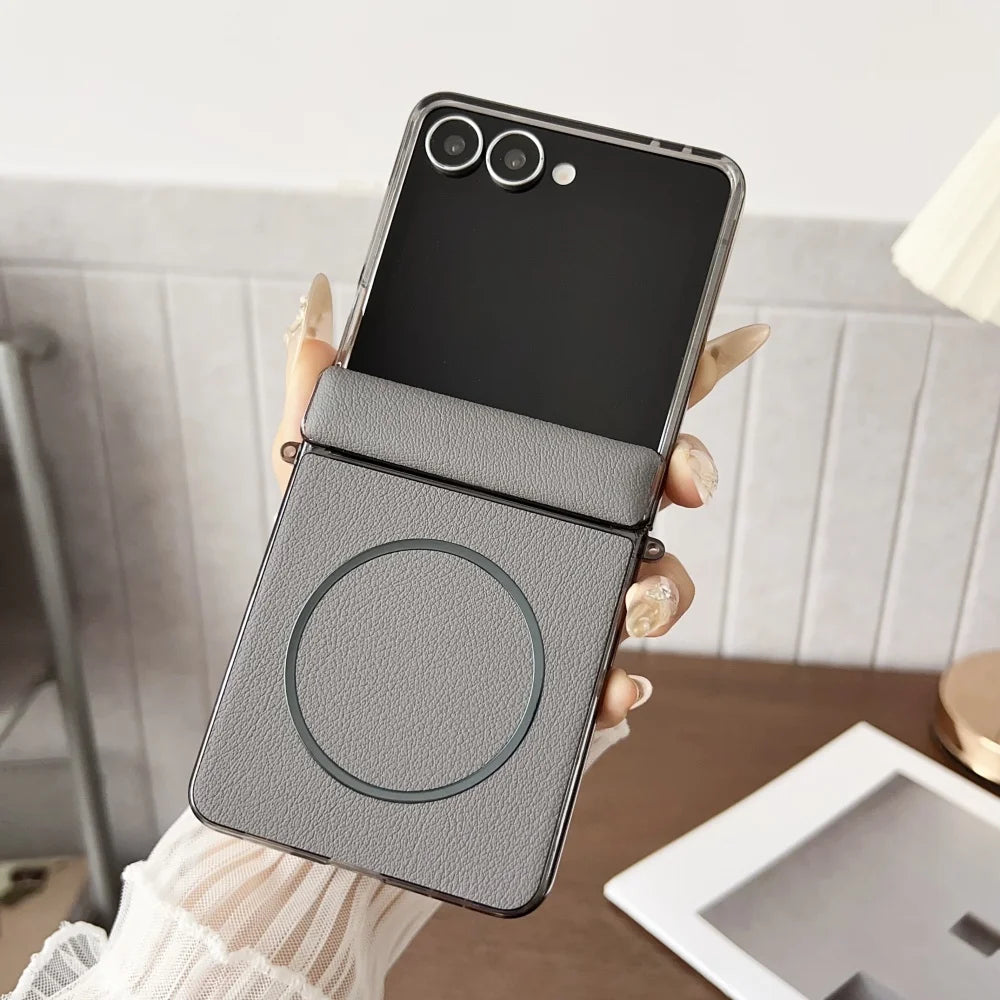 Luxury Plating for Magsafe Case for Samsung Galaxy Z Flip 7 Flip7 ZFlip7 PU Leather Magnetic 360 Hinge Protection Phone Cover