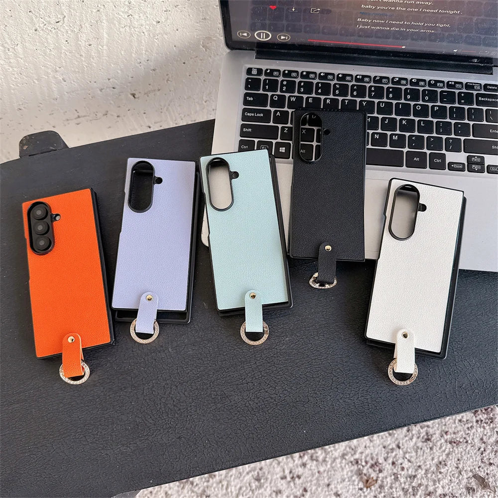 Ring Holder Protective PU Leather Phone Case For Samsung Galaxy Z Fold 7 6 5 4 Fold7 Fold6 Fold5 Fold4 5G Hard Plastic Cover