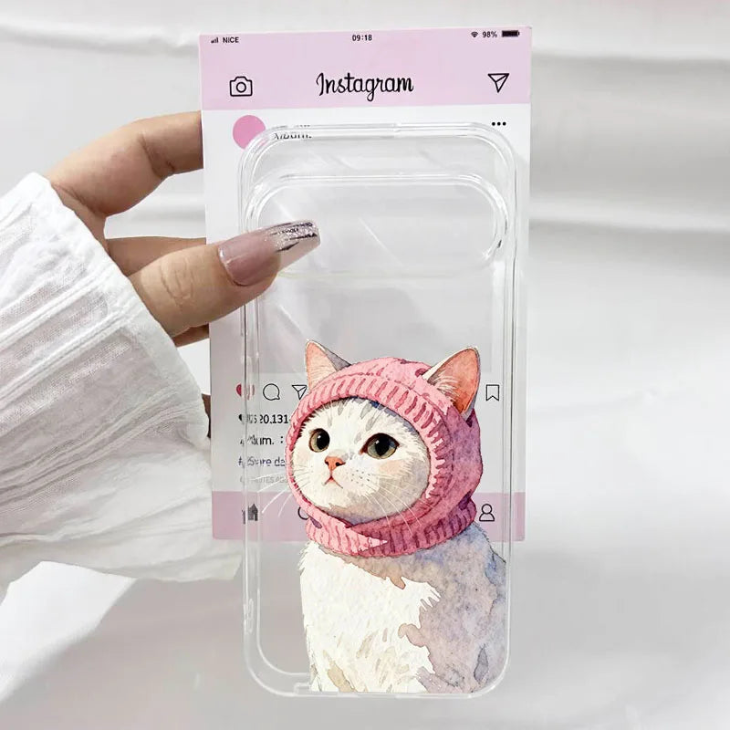 INS Korea Cute Pink Cat Pattern Phone Case For Google Pixel 10 9 Pro XL 8 Pro 6 7 8A 7A 5G Lovely Transparent Soft TPU Cover Bag