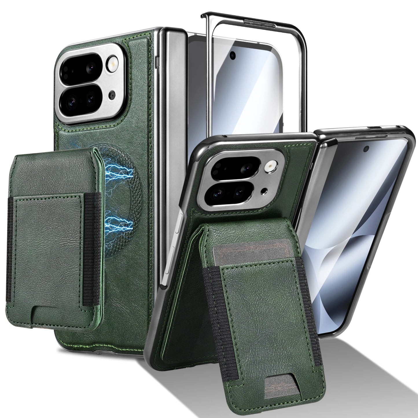 Leather stand protective strap and magnetic tempered glass screen protector phone case for Google Pixel 10 Pro Fold