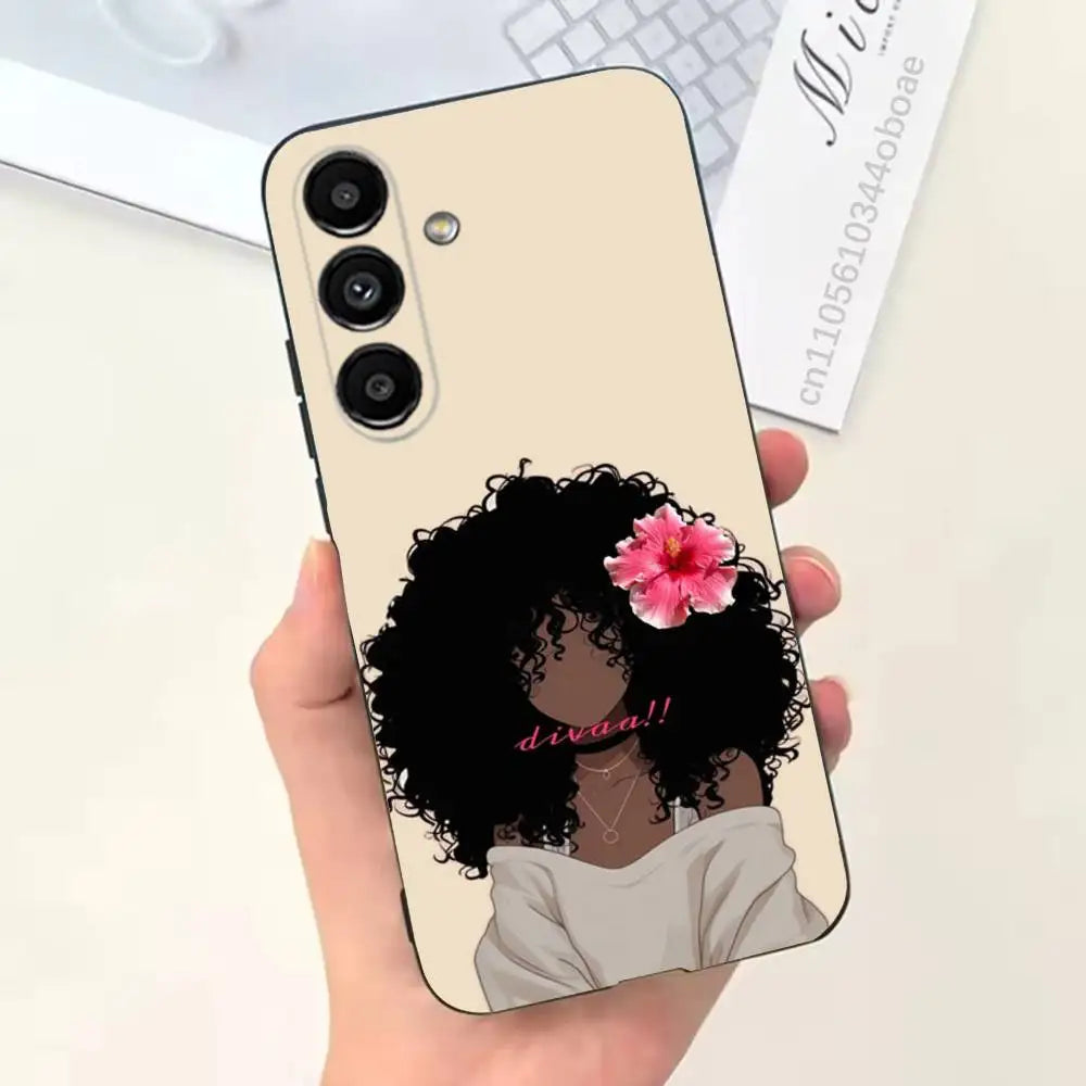 Afro Black Girls Cartoon Phone Case For Samsung S25,24,21,22,23,20,S30,Ultra,Plus,Fe,Lite,Note,5G Black Cover