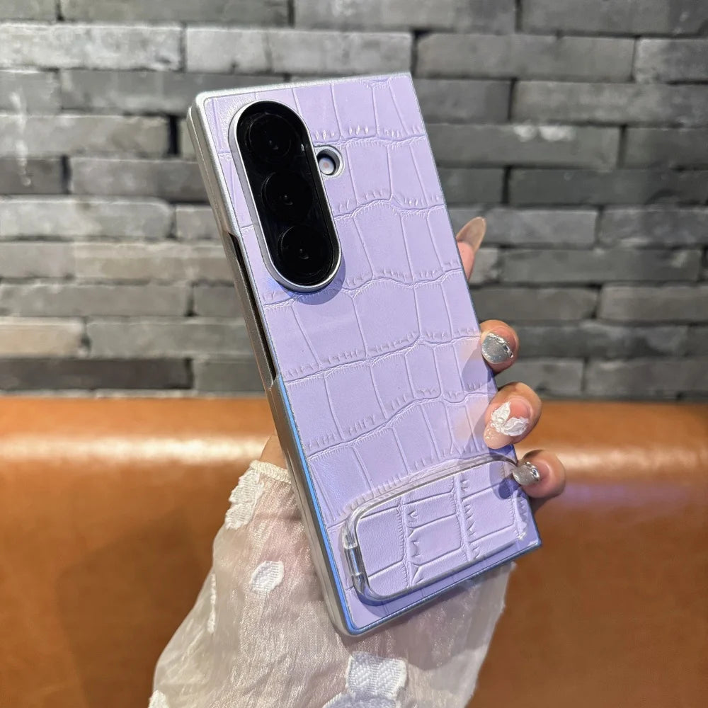 3D Crocodile Skin Pattern PU Phone Case For Samsung Galaxy Z Fold 7 6 5 4 3 Fold7 ins Y2K Invisible Makeup Mirror Bracket Cover