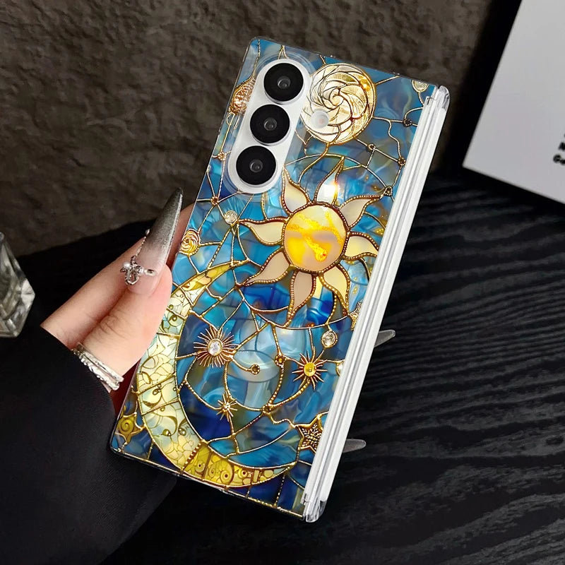 Clear Magnetic Auto Adsorption Phone Case For Samsung Galaxy Z Fold 7 6 Fold7 Fold6 Fold5 5G Vintage Moon Print Hard PC Cover