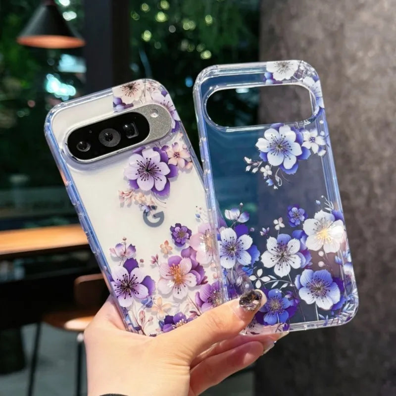 Laser Flower Reflective Phone Case For Google Pixel 10 10Pro XL 9 Pro XL 9A Transparent Floral Print TPU Shockproof Airbag Cover