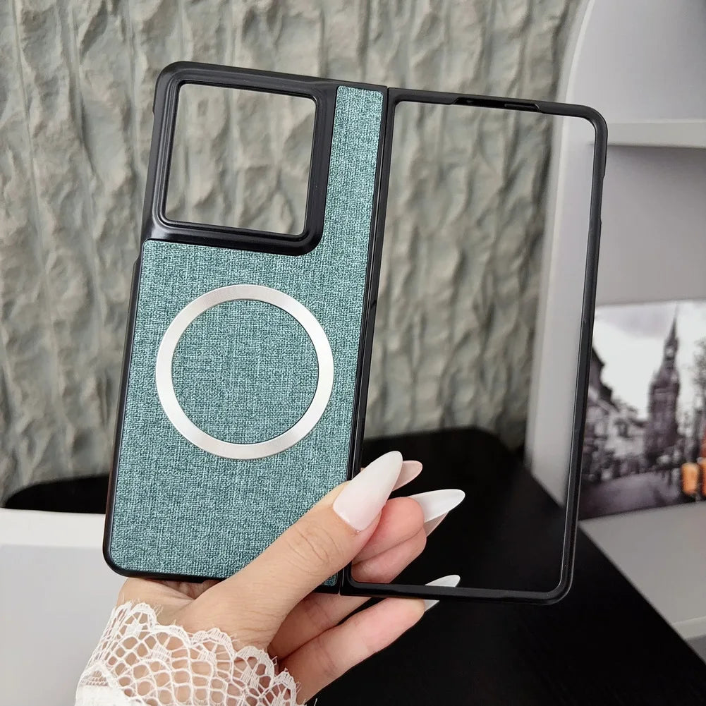 with Magnetic Ring Plain Leather Case For Motorola Razr Fold Luxury Cloth Wireless Charging Protective Cover